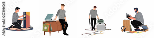 Valokuva Set of flat vector illustrations featuring men setting up and enjoying high-fidelity audio equipment, turntables, vinyl records, and speakers
