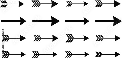 Black silhouette arrows in varied styles and thickness, symbolizing direction, movement, and design variation