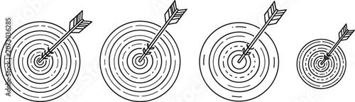 Black silhouette archery targets with arrows hitting bullseyes, symbolizing precision, accuracy, achievement, and goal success