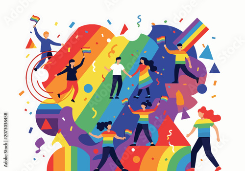 Bild auf Leinwand Colorful illustration of people celebrating with rainbow flags