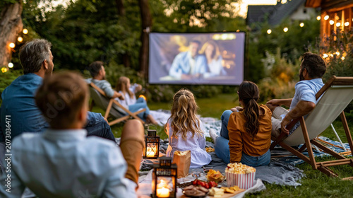 People relaxing at an evening garden cinema, eating popcorn and snacks while bonding over an entertaining film