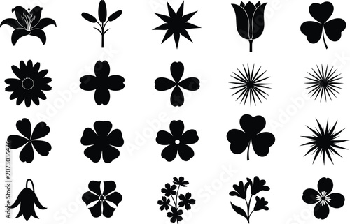 Black silhouette icons of diverse flower shapes, showcasing unique petal arrangements, botanical designs, decorative patterns, and floral styles