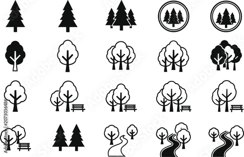 Black silhouette icons of park and nature scenes with trees, benches, and paths, symbolizing outdoor environment and recreation