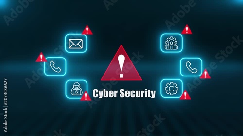 Cyber Security warning Alert cybersecurity concept a prominent digital warning sign surrounded by alert icons, symbolizing online security threats, data protection, and scam prevention. 4k Vedio