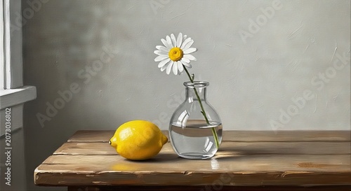 Still life with yellow lemon and daisy in vase