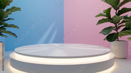 Circular white podium under a spotlight between a blue and pink split wall with plants