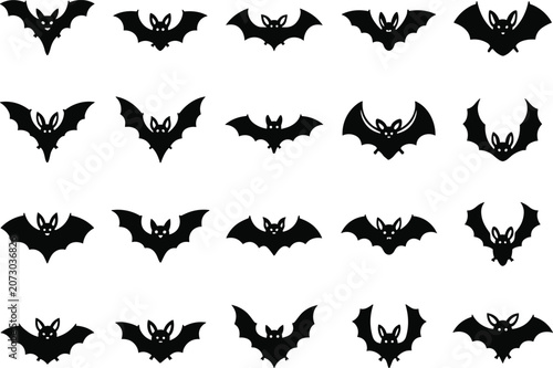 Black silhouette illustrations of bats in diverse wing shapes and postures, showcasing nocturnal animals, flight dynamics, and Halloween themes