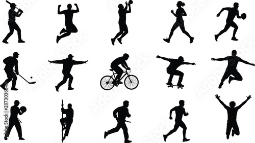 Black silhouette illustrations of athletes performing sports and physical activities, including cycling, skateboarding, basketball, football, baseball, hockey, dancing, and running motions