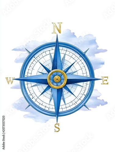 Blue and gold compass illustration with directional points North, South, East, and West, surrounded by soft clouds in a light sky background