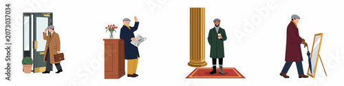 Fotografi Flat vector illustration set of stylish men wearing classic autumn coats and newsboy caps in various everyday urban scenes