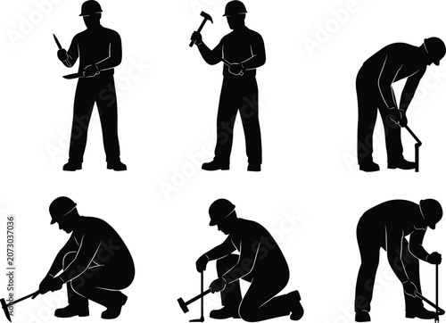 Black silhouette illustrations of construction workers using tools in different poses, representing manual labor, building, repair, and industrial work activities