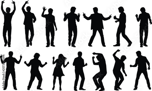 Black silhouette illustrations of dancers in diverse poses, showcasing rhythm, movement, energy, and expressive dance styles for artistic design