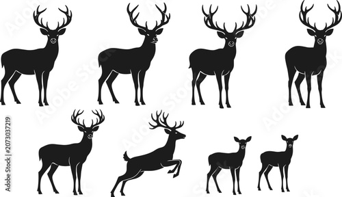 Black silhouette illustrations of deer in various poses, including bucks with antlers and does, showcasing wildlife and nature themes