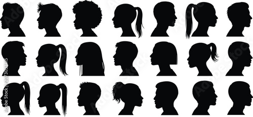 Black silhouette illustrations of diverse human head profiles with unique hairstyles including ponytails, buns, afros, short hair, and spiked styles