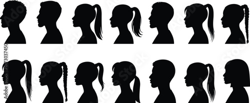 Black silhouette illustrations of diverse human profiles with varied hairstyles, showcasing individuality, fashion, and personal identity