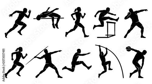Foto Black silhouettes of athletes competing events.