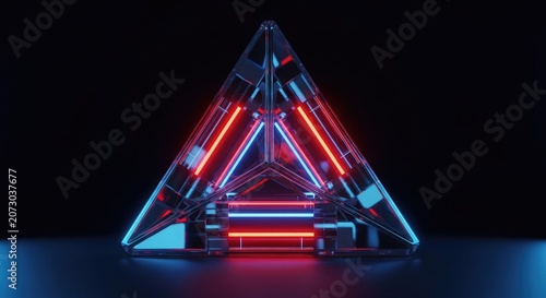 Abstract glass triangle structure with vibrant neon light bars.