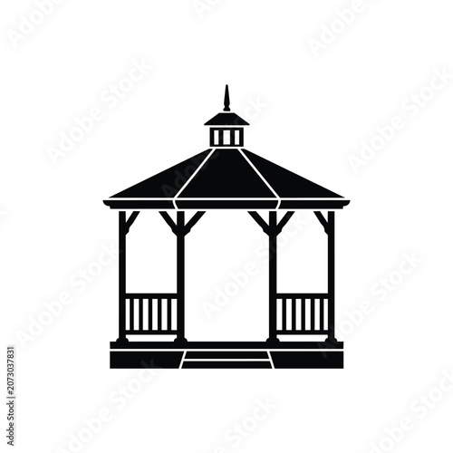 Gazebo pavilion icon with roof and railings, black and white vector symbol for park shelter, garden structure, and outdoor rest