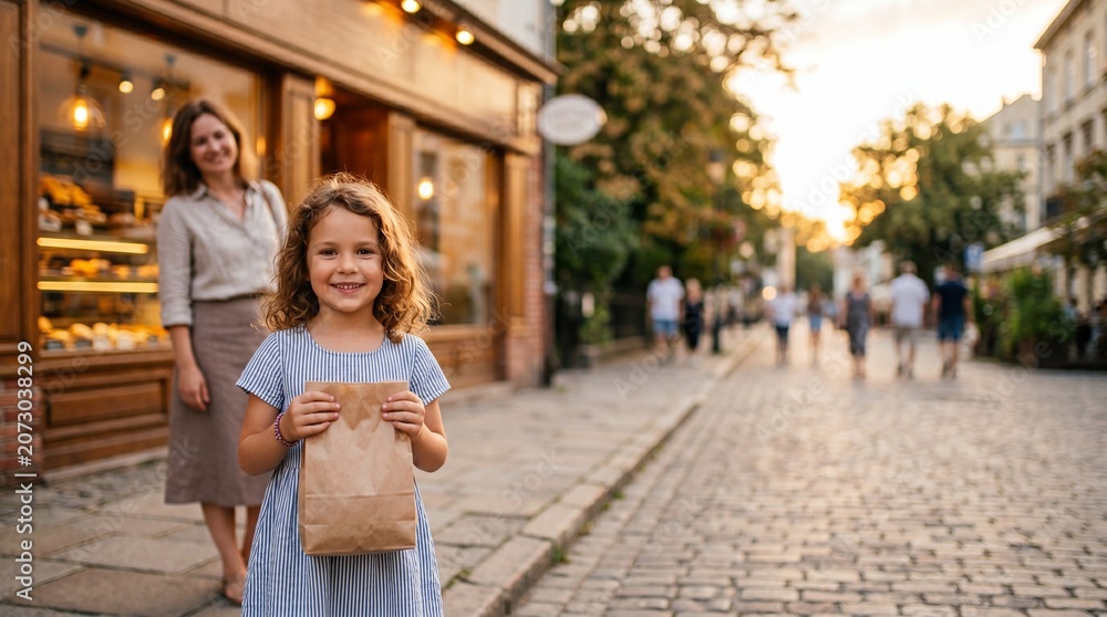 Obraz premium A young girl with a beaming smile holds a brown paper bag, standing on a charming cobblestone street in front of a bakery while her mother stands behind her.