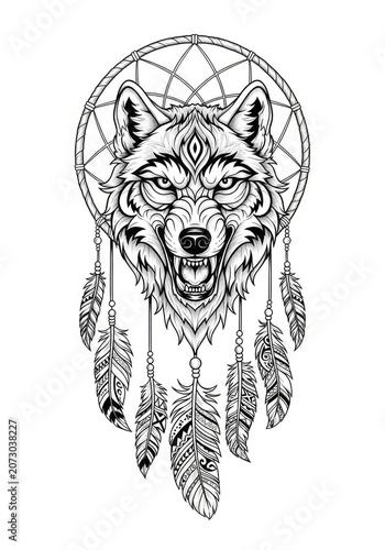 Aggressive wolf head in tribal dreamcatcher circle