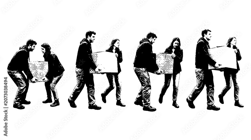 Obraz premium An illustrated scene of two individuals collaboratively moving boxes, depicted in a halftone style representing teamwork, support, and shared experiences.