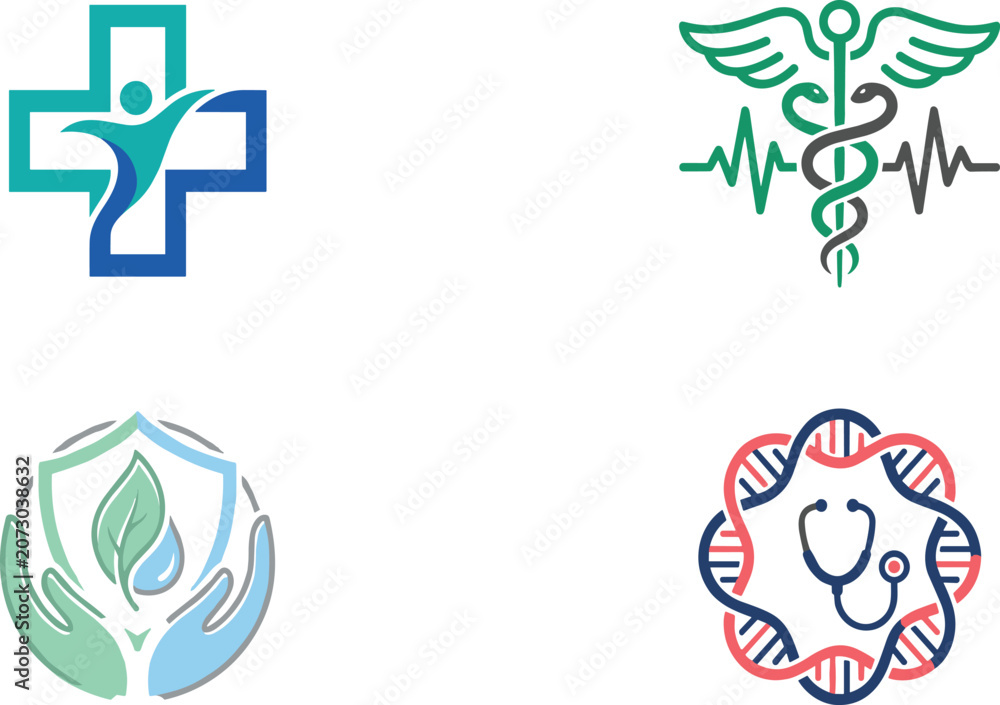Obraz premium Medical and Healthcare Logo Set with Caduceus Stethoscope DNA Helix Cross Human Figure and Natural Leaf Protection Icons for Wellness Branding