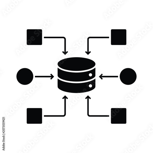 Central database connection icon with arrows from multiple nodes, black and white vector symbol for data aggregation and network storage