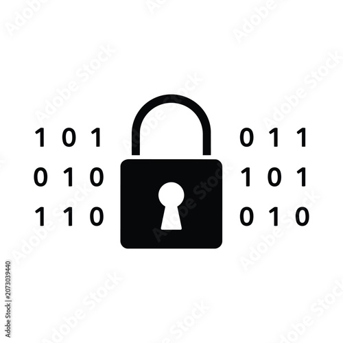 Binary lock icon with padlock and zero one digits, black and white vector symbol for data security, encryption, and protected access
