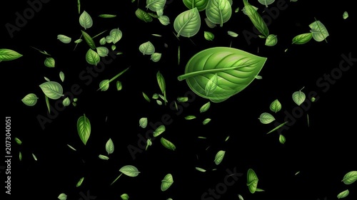 Green basil leaves falling fresh herb element for culinary design and healthy food concepts isolated on black background