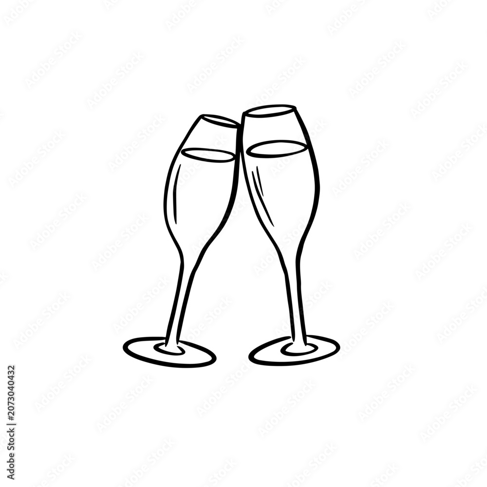 Obraz premium Minimalist Champagne Glasses Line Art Icon. Toast with Sparkling Wine Outline Vector Illustration