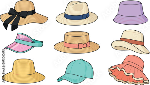 Fotografie Summer hat collection featuring flat vector illustrations of straw sun hats buck