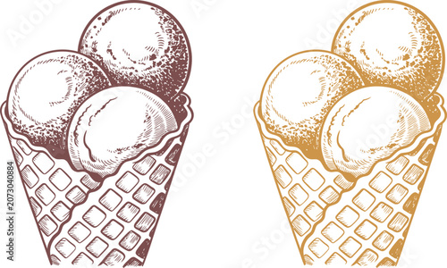 Vintage hand drawn ice cream cone vector, engraved waffle cone with three scoops of gelato, retro dessert illustration for cafe menu branding