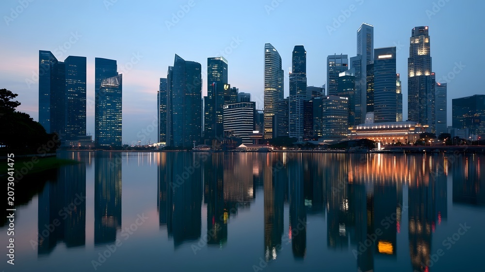 Fototapeta premium An exotic and charming skyline of a financial district featuring sparkling reflections smooth gradients and soft lighting