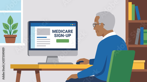 Schilderij op canvas Retiree Signing Up for Medicare Coverage at Computer