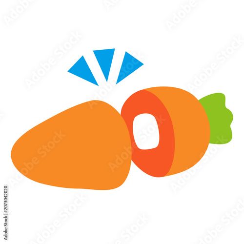 Foto A cartoon illustration of an orange carrot cut in half, showing its cross-section and green leafy top