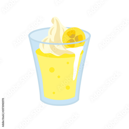 Foto A vibrant illustration of a yellow citrus drink topped with creamy soft serve and a fresh kumquat slice in a clear glass