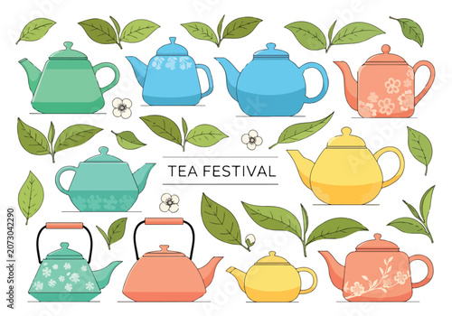 Colorful teapots and leaves for tea festival