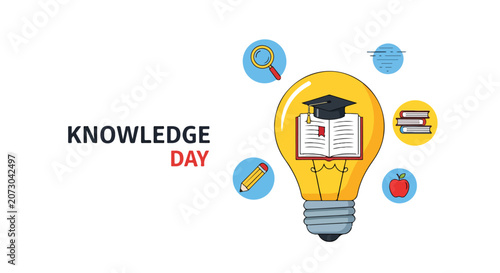 Educational icons around a glowing lightbulb