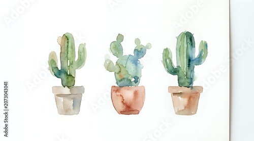 Watercolor cacti in terracotta and clay pots isolated on white background, ready for design projects, home decor, botanical illustrations, and creative applications.