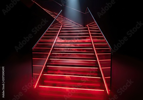 Angular red neon stairs viewed from low perspective.