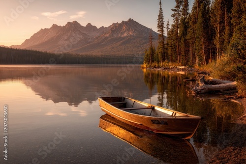 Dusk over a tranquil Idaho lake: small fishing boat and distant mountains