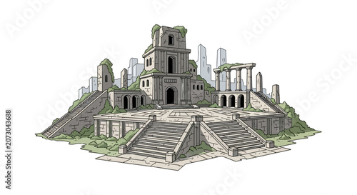 Schilderij op canvas Ancient stone ruins with temple towers and stairs