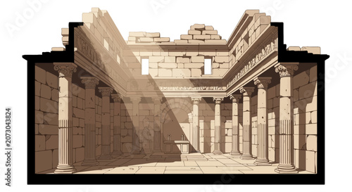Konstfotografi Ancient temple ruins interior with stone columns and sunlight