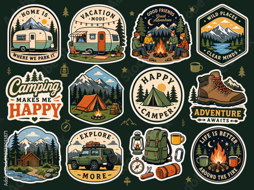 A collection of vintage-style camping and outdoor adventure badges and stickers featuring RVs, tents, campfires, mountains, and nature scenes.