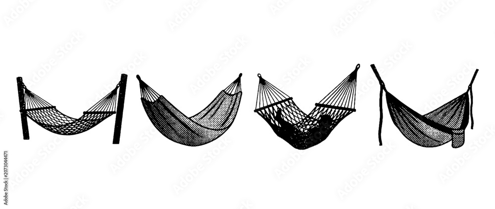 Fototapeta premium This image showcases a variety of halftone vector hammocks, representing relaxation and leisure in design, ideal for lifestyle and vacation projects.