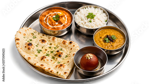  Indian thali simplified with small bowls of curry, rice, naan and dessert, clean white background