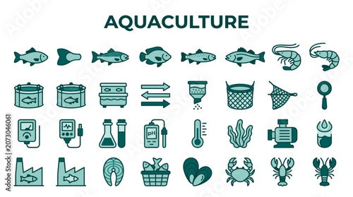 Fotografía Aquaculture icons set illustrating fish farming and seafood production with aqua