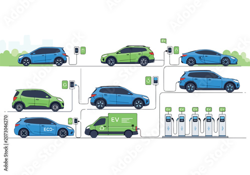 Electric vehicle charging illustration with various cars and stations