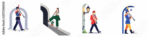 Quadro em tela Set of four flat vector illustrations featuring clarinet players in various traditional and military uniforms walking and performing in different architectural settings
