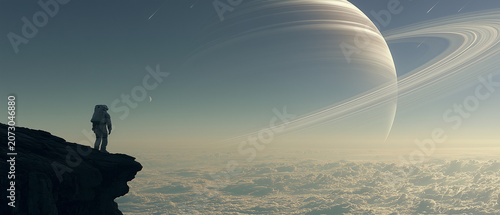 Lone Astronaut Above a Sea of Clouds Beneath a Ringed Gas Giant